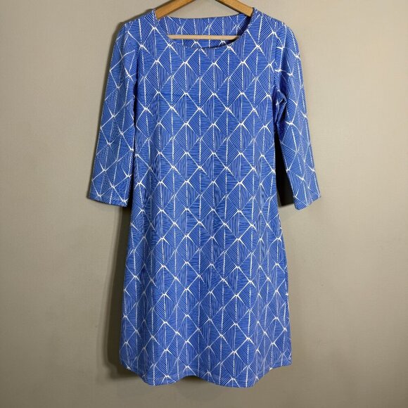 Mahi Gold Patterned Shift Mini Dress Womens Small Blue White Nautical Scuba Chic - Picture 4 of 10